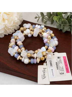Bijoux Bar 4-Piece Stretch Beaded Bracelet Set NWT Pastel & Gold